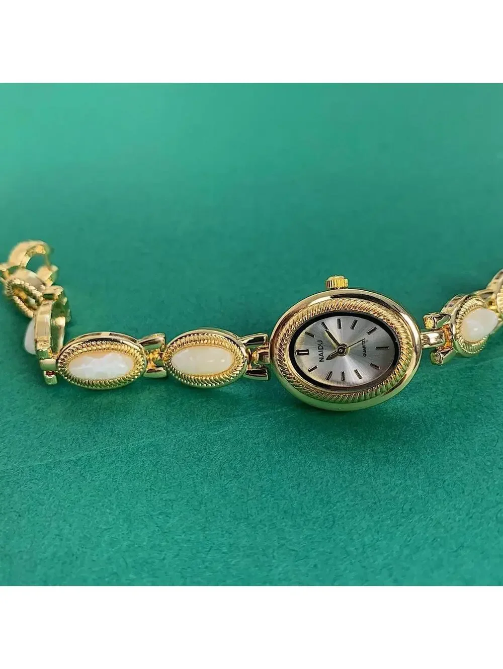 Y2k style Dainty cute Gold style tone quartz watch with lime green jade stone op